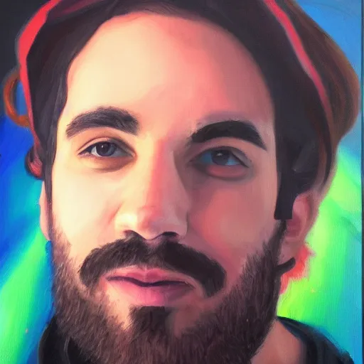 Prompt: portrait of twitch streamer vinny vinesauce, oil painting