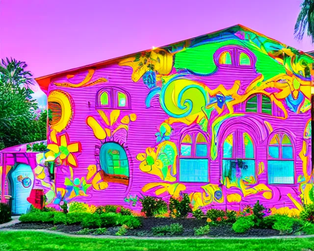 Prompt: the exterior of a house designed by lisa frank