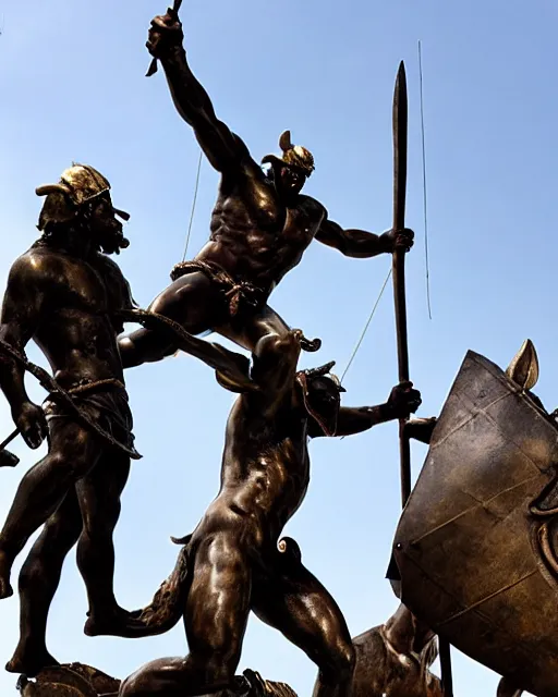 Image similar to jason and his argonauts sail by a gigantic bronze statue of a minotaur, bull man hybrid being holding a spear and shield, atmospheric, mythological