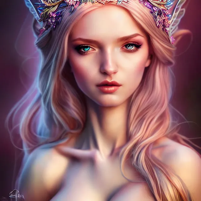 Prompt: beautiful adult fairy queen, highly detailed, 4 k, hdr, smooth, sharp focus, high resolution, award - winning photo, artgerm, photorealistic