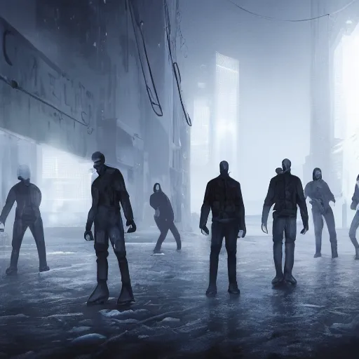 Prompt: illustration of rows of humans hanging on hooks in an ice box, rolling fog, cyberpunk, dystopian, dramatic lighting, unreal engine 5