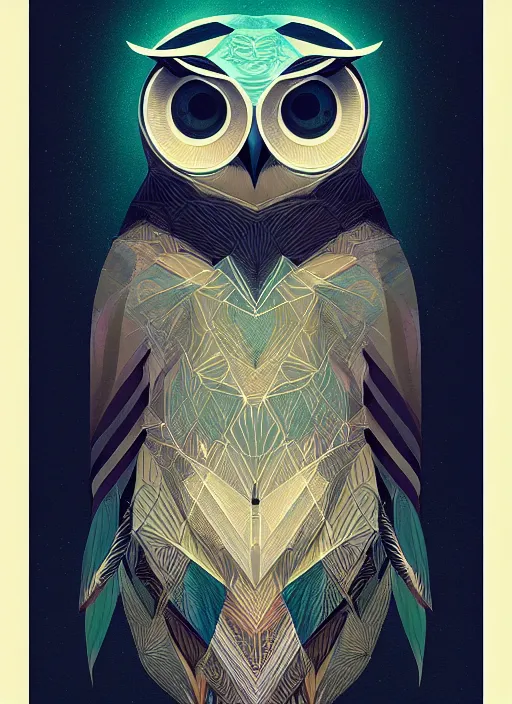 Image similar to portrait of a geometric owl, identical eyes, medium shot, illustration, full body made of white feathers, symmetrical, art stand, super detailed, cinematic lighting, and its detailed and intricate, gorgeous, by peter mohrbacher