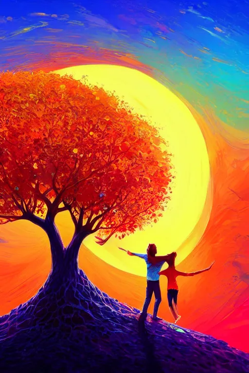 Prompt: two people in jubilant love climb the tree of life together as the sun shines brightly, 8 k resolution digital painting, vibrant colors, by michael whelan, byalena aenami, behance hd, trending on artstation deviantart