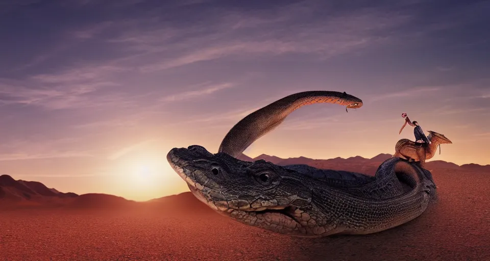 Prompt: photo of a snake riding on the back of a crocodile in the middle of the mojave desert. photorealistic, award winning, sunset, lens flare, atmospheric lighting, 4 k