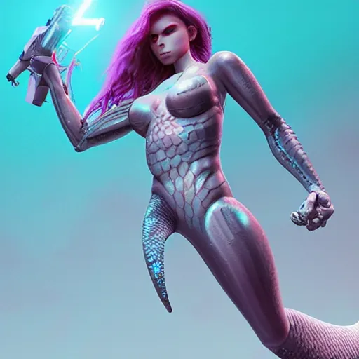 Prompt: mermaid cyborg with a laser whip, realistic, detailed, in the style of beeple, uncropped,