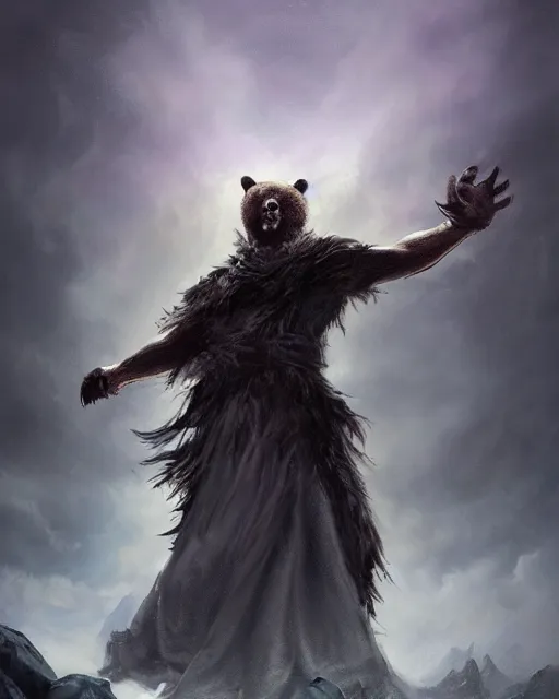 Image similar to oil painting of Anthropomorphized Bear Sorcerer casting spell, magical runes flying, wearing fur cloak, sharp focus, lightning storm background, magical aura, evil, heroic pose, fantasy style, octane render, volumetric lighting, 8k high definition, by greg rutkowski, highly detailed, trending on art Station, magic the gathering artwork, Thunderstorm background, centered, dramatic artwork