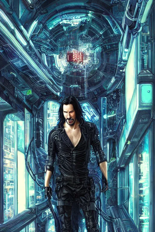 Prompt: Keanu Reeves in Cyberpunk setting, cute, fantasy, intricate, elegant, highly detailed, digital painting, 4k, HDR, concept art, smooth, sharp focus, illustration, art by artgerm and H R Giger and alphonse mucha