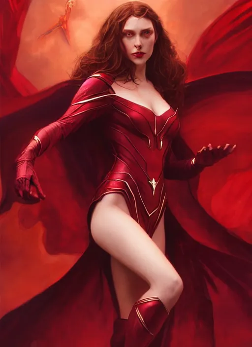Image similar to Scarlet Witch as Lucifer morningstar, portrait, full body, hyper detailed, trending on artstation, art by wlop and J. C. Leyendecker and Edmund Bliar Leighton and Charlie Bowater