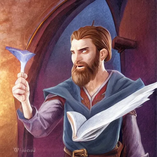 Prompt: Young bearded Tarski Fiume holding a scroll, half-elf Time Wizard, iconic character art by Wayne Reynolds for Paizo Pathfinder RPG