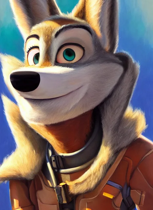 Image similar to oil painting detailed full body of anthromorphic female wolf, in style of zootopia, zootopia, zootopia, fursona, furry, furaffinity, 4 k, deviantart, furry art, fursona art, wearing astronaut outfit, in style of zootopia, wolf fursona, cyberpunk, female, expressive, detailed feminine face,