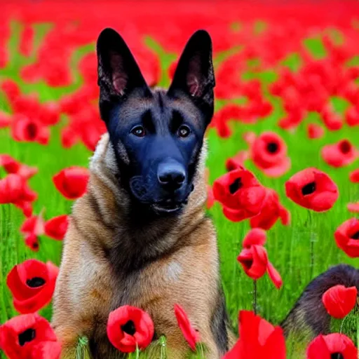 Prompt: belgian malinois playing in a poppy field wallpaper pattern