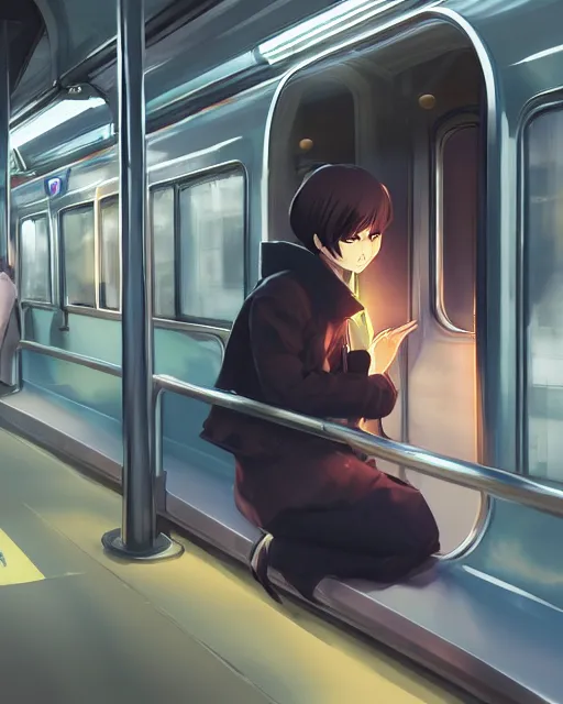 Image similar to a lonely girl sitting on the new york subway, full shot, ambient lighting, detailed face, by makoto shinkai, stanley artgerm lau, wlop, rossdraws