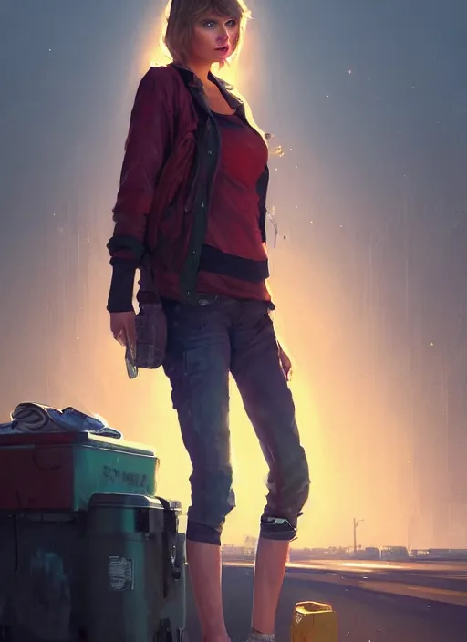 Image similar to Highly detailed full-body portrait of homeless Taylor Swift, in GTA V, Stephen Bliss, unreal engine, fantasy art by Greg Rutkowski, Loish, Rhads, Makoto Shinkai and Lois van baarle, ilya kuvshinov, rossdraws, Tom Bagshaw global illumination, radiant light, detailed and intricate environment