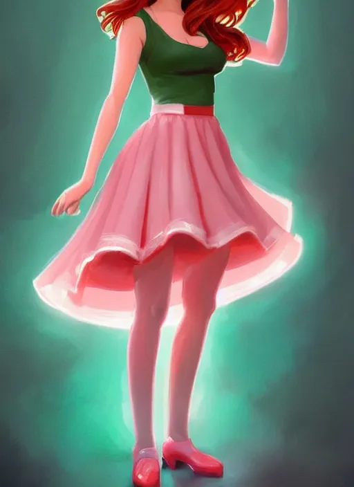 Image similar to full body portrait of teenage cheryl blossom, bangs, green eyes, sultry expression, red hair, sultry smirk, bangs and wavy hair, pink skirt, bangs, intricate, elegant, glowing lights, highly detailed, digital painting, artstation, concept art, smooth, sharp focus, illustration, art by wlop, mars ravelo and greg rutkowski