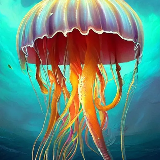 Prompt: jellyfish in a bright ocean, deep focus, fantasy, intricate, elegant, highly detailed, digital painting, artstation, concept art, matte, sharp focus, illustration, hearthstone, art by rhads and artgerm and greg rutkowski and alphonse mucha and gediminas pranckevicius