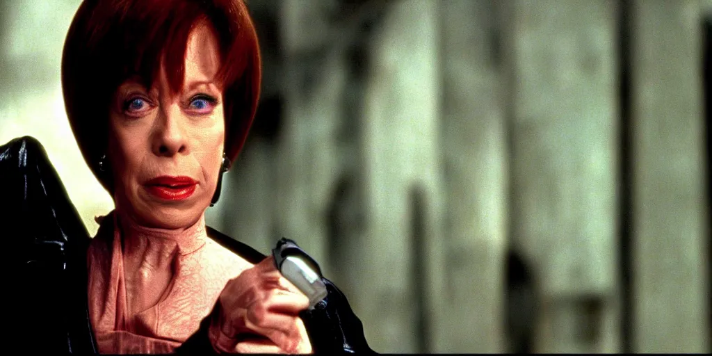 Prompt: Carol Burnett as Trinity in The Matrix (1999), highly detailed, trending on Cinestills, 4k