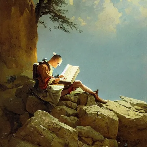 Prompt: a gorgeous Carl Spitzweg painting of a robot standing on a rocky hill reading a book, artstation