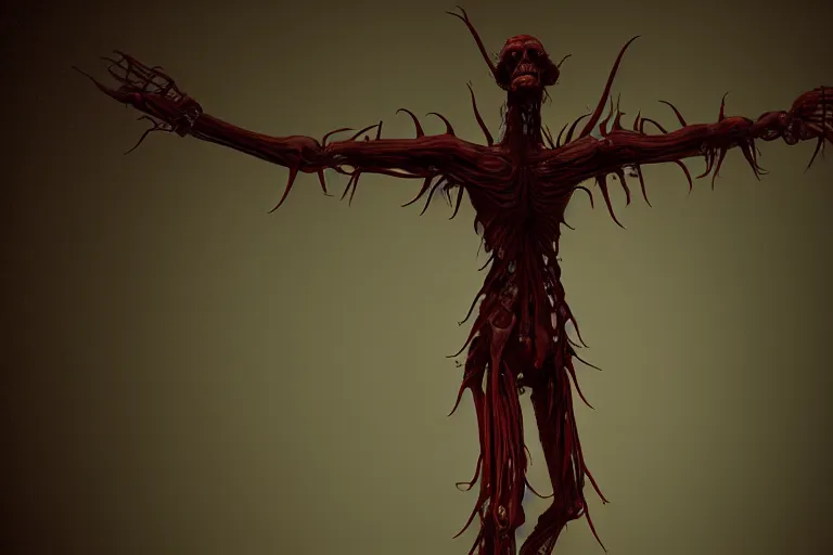 Image similar to lanky ink demon made out of a humanoid nervous system with large meaty spikes all over the body, cinematic, volumetric lighting, f 8 aperture, cinematic eastman 5 3 8 4 film, photorealistic