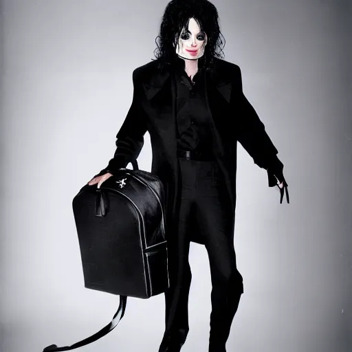 Prompt: a portrait of michael jackson wearing a long black coat & wearing a backpack