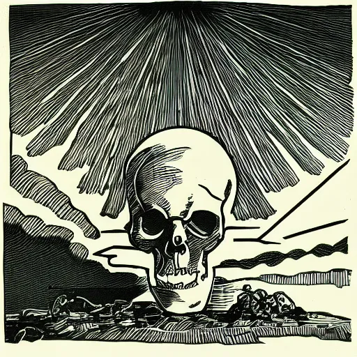 Image similar to “ a human skeleton, framed by a nuclear explosion going off behind it ”