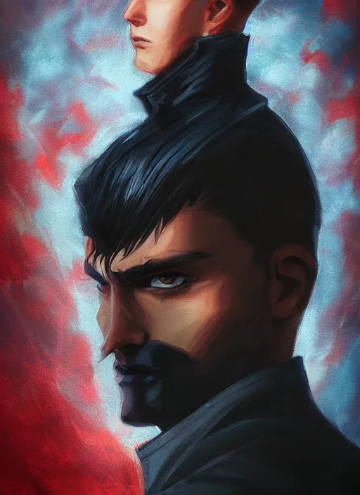 Image similar to An epic fantasy comic book style portrait painting of a young man with black undercut haircut, wearing black overcoat, red clothes, blue jeans. Unreal 5, DAZ, hyperrealistic, octane render, cosplay, RPG portrait, dynamic lighting