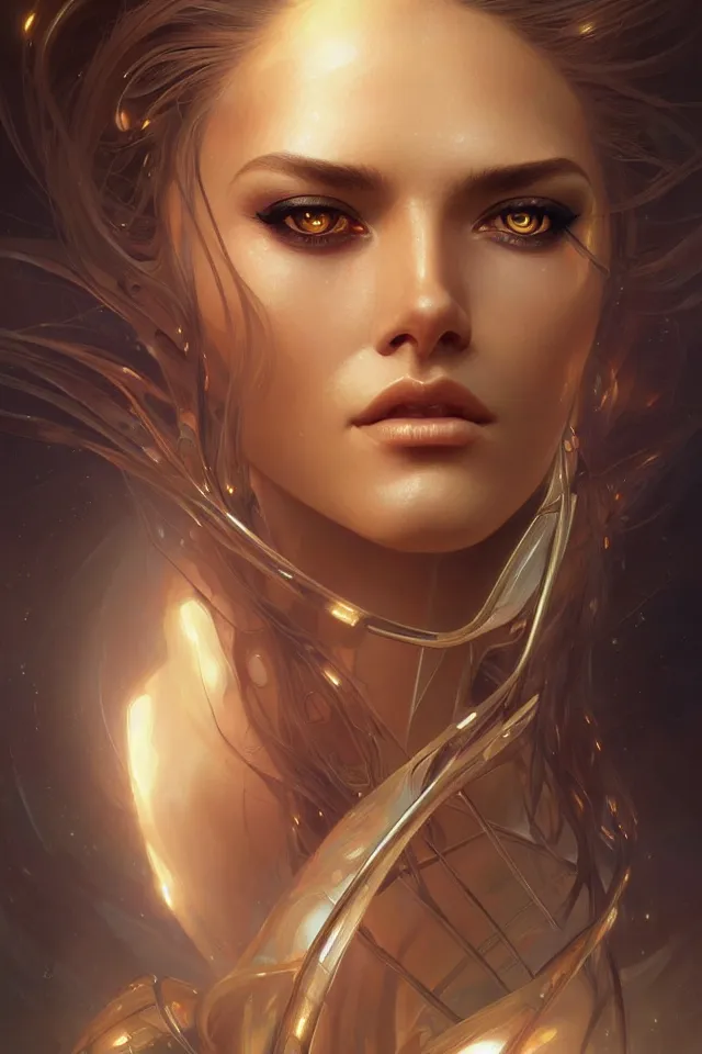 Image similar to futuristic close-up woman portrait, sci-fi, amber eyes, face, long hair, fantasy, intricate, elegant, highly detailed, digital painting, artstation, concept art, smooth, sharp focus, illustration, art by artgerm and greg rutkowski and alphonse mucha