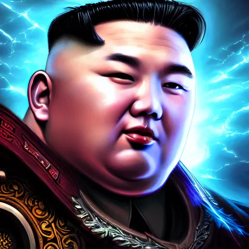 Prompt: portrait of kim - jong un as a spellcaster and mage, league of legends amazing splashscreen artwork, gears of war, splash art, natural light, elegant, photorealistic facial features, intricate, fantasy, detailed face, atmospheric lighting, anamorphic lens flare, cinematic lighting, league of legends splash art, hd wallpaper, ultra high details by greg rutkowski