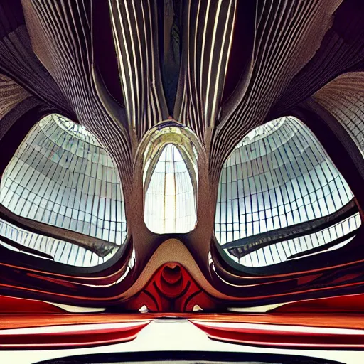 Image similar to interior of a futuristic lotus temple with gold, red and white marble panels, in the desert, by buckminster fuller and syd mead, intricate contemporary architecture with art nouveau motifs, photo journalism, photography, cinematic, national geographic photoshoot