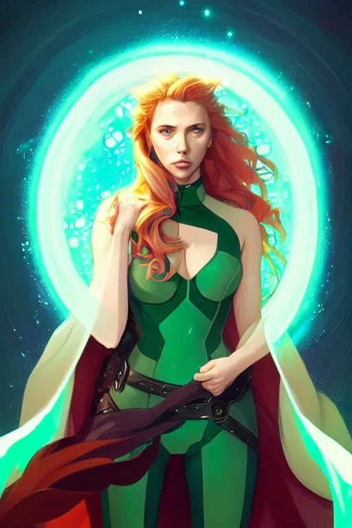 Image similar to style artgerm, joshua middleton, illustration, scarlett johansson as mage wearing green pelt light armor, anime eyes, blue hair, swirling water cosmos, fantasy, dnd, cinematic lighting