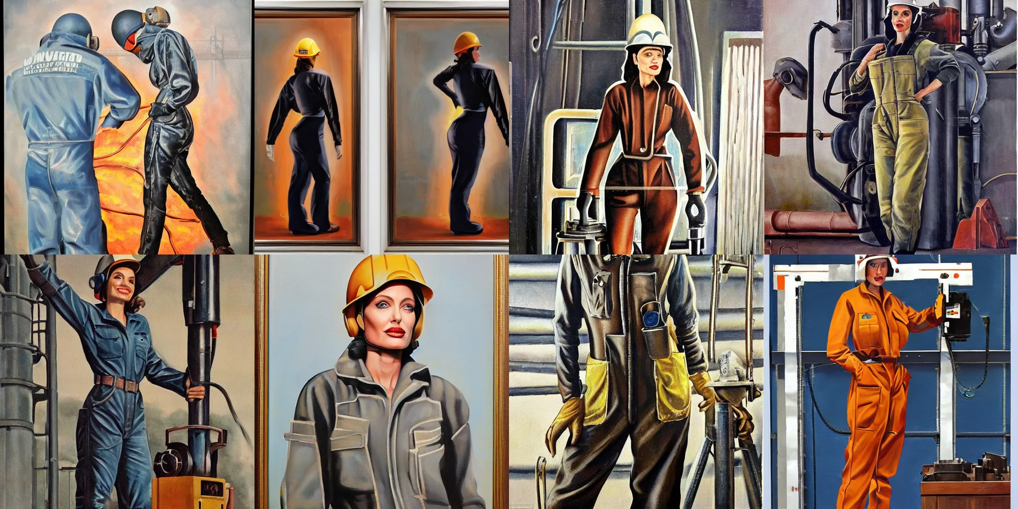 Image similar to symmetrical oil painting of full - body angelina jolie in steelworker welder costume by percevel rockwell - from 1 9 4 0 s