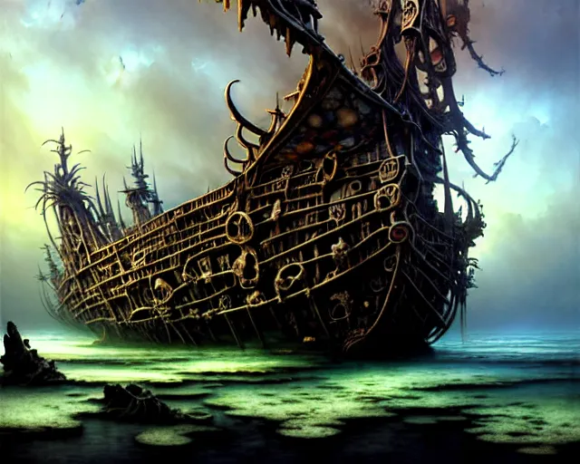 Image similar to street view of a wrecked pirate ship made of bones, fantasy landscape made of fractals facing each other, ultra realistic, wide angle, intricate details, the fifth element artifacts, highly detailed by peter mohrbacher, hajime sorayama, wayne barlowe, boris vallejo, aaron horkey, gaston bussiere, craig mullins