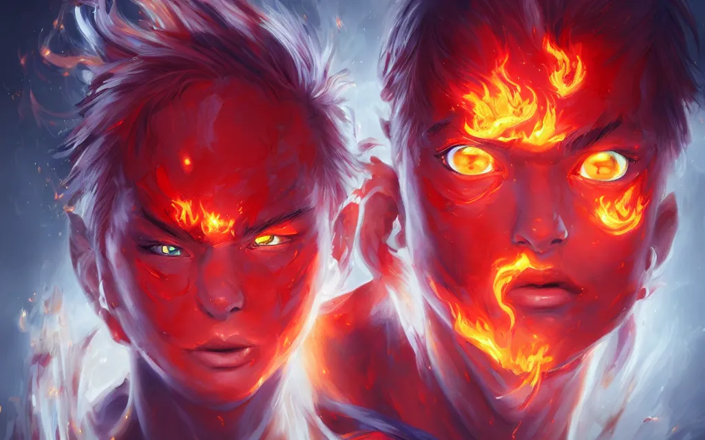 Image similar to A realistic anime portrait of a beautiful fire spirit twins with glowing red eyes and firey skin wearing clothes made of flames, digital painting, by Stanley Artgerm Lau, Sakimichan, WLOP and Rossdraws, digtial painting, trending on ArtStation, SFW version