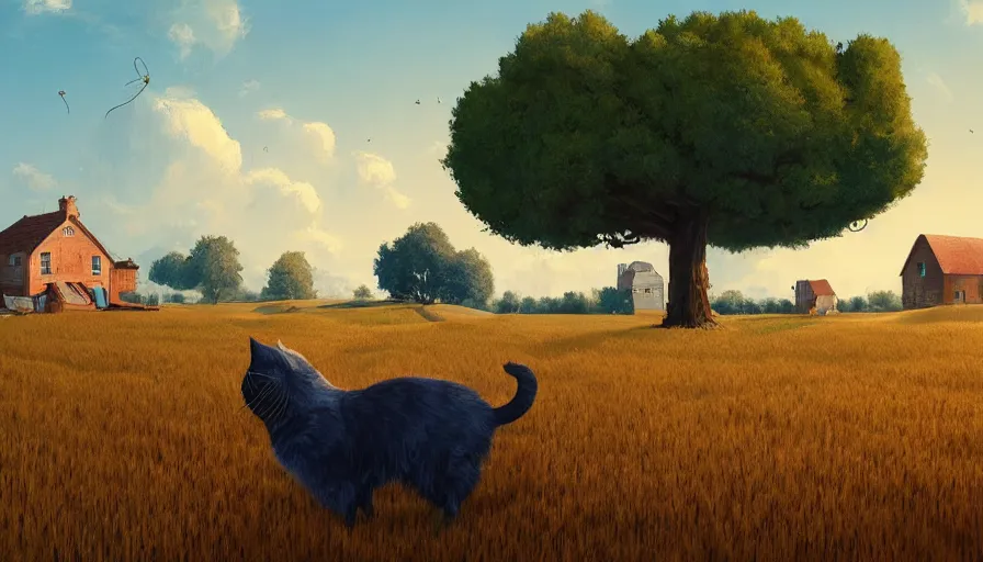 Image similar to gigantic cat next to the small house, wheat field harvesting, big tree, matte painting, art station, blue sky, simon stalenhag