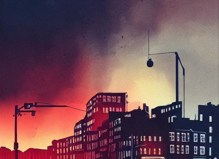 Prompt: editorial illustration by Karolis Strautniekas and Mads Berg, colorful, city of the lost,sky on fire, fine texture, detailed, matte colors, film noir, dramatic lighting, dynamic composition, moody, vivid, volumetric