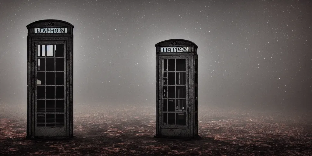 Prompt: an old abandoned and broken telephone booth at the edge of the universe at night, weird, haunted, misty, moody, sinister, ambient lighting, cinematic color grading, 8 k render, hyper realistic, realistic, unreal engine 5 render