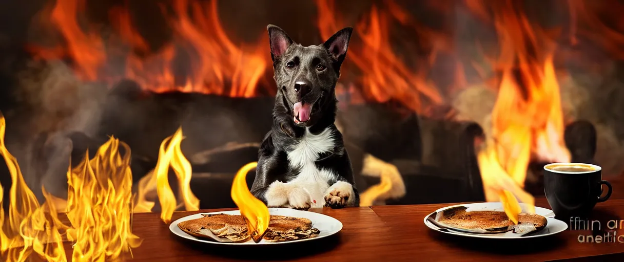 Image similar to a photograph (flash on) of a relaxed anthropomorphic dog sitting on a chair at a dinner table (no fire at all there), surrounded by flames, cup of coffee on the table, huge fire on this dining room in the background, a lot of flames behind the dog, black smoke instead of the ceiling, no watermark