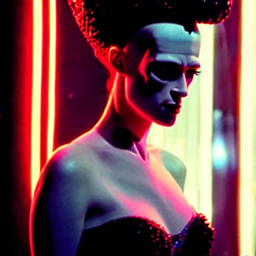 Image similar to cinematic portrait of kristen mcmenamy as bride of frankenstein as a replicant in a busy nightclub, frightened and angry, still from the movie ex machina, fashion photography, a neon sign is in the background