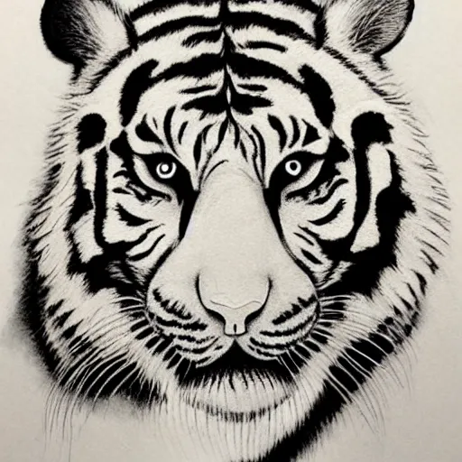 Image similar to tiger head, inkwash painting, highly detailed, traditional japanese art,