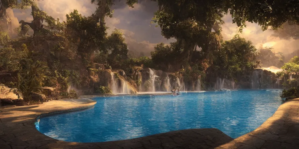 Prompt: a professional photographic view picture of a heavenly swimming pool, dim lights photographic filter unreal engine 5 realistic hyperdetailed 8k ultradetail cinematic concept art volumetric lighting, fantasy artwork, very beautiful scenery, very realistic painting effect, hd, hdr, cinematic 4k wallpaper, 8k, ultra detailed, high resolution, artstation trending on artstation in the style of Albert Dros glowing rich colors powerful imagery