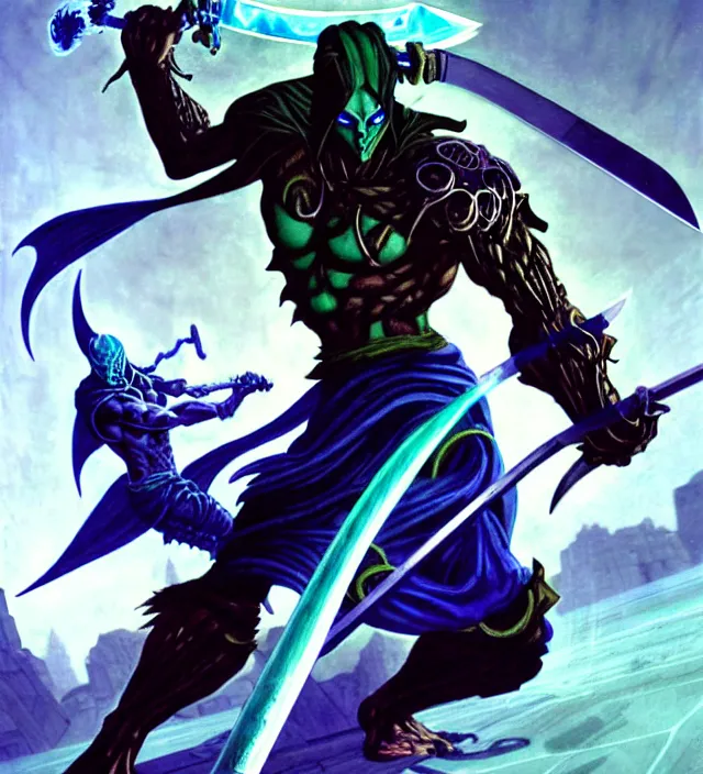 Image similar to raziel from soul reaver holding the physichal sword battling against kain, with the pillars of nosgoth on the background, syd mead and mark brooks, female, feminine, futurism, intricate linework, colors by frank frazetta