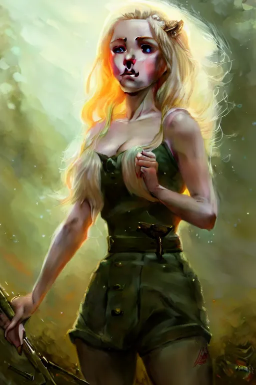 Image similar to cinematic shot of an epic portrait of a cute blonde fairy dressed in military clothes, stylised military clothes, shiny skin, beautiful eyes, beautiful, small details, night setting, realistic poster with volumetric light from craig mallism, artgerm, jeremy lipkin and michael garmash, unreal engine, radiant light, digital art, trends at art station, a masterpiece