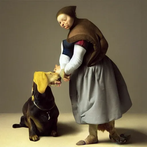 Image similar to dog feeding his pet human, an ultra high definition professional studio quality photograph, trending on artstation, vermeer.