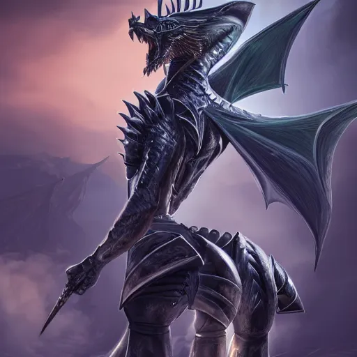 Image similar to stunning cinematic elegant back end shot with and upward angle, of a beautiful female knight, but as a hot anthropomorphic female dragon, well designed highly detailed cute female dragon head with slick eyes, looking back at the camera, well armored, detailed claws, arms crossed, HD octane render, fantasy, furry art, Artstation, Deviantart, Furaffinity