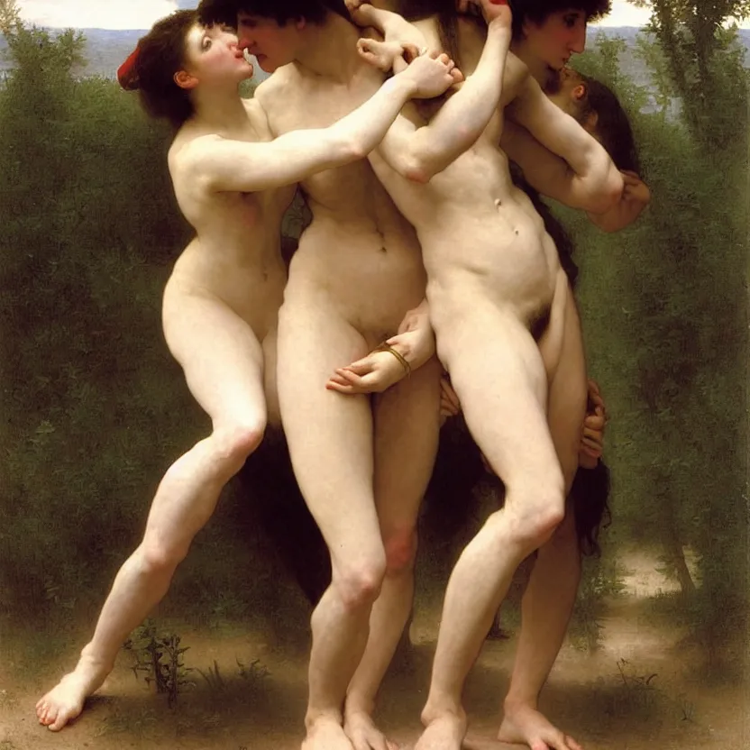 Image similar to a painting of a man and a woman joined at the waist, wrestling to break free of each other. by bouguereau.