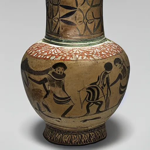 Image similar to medium-shot studio photo of an ancient greek vase with frogs and ornaments, British museum,