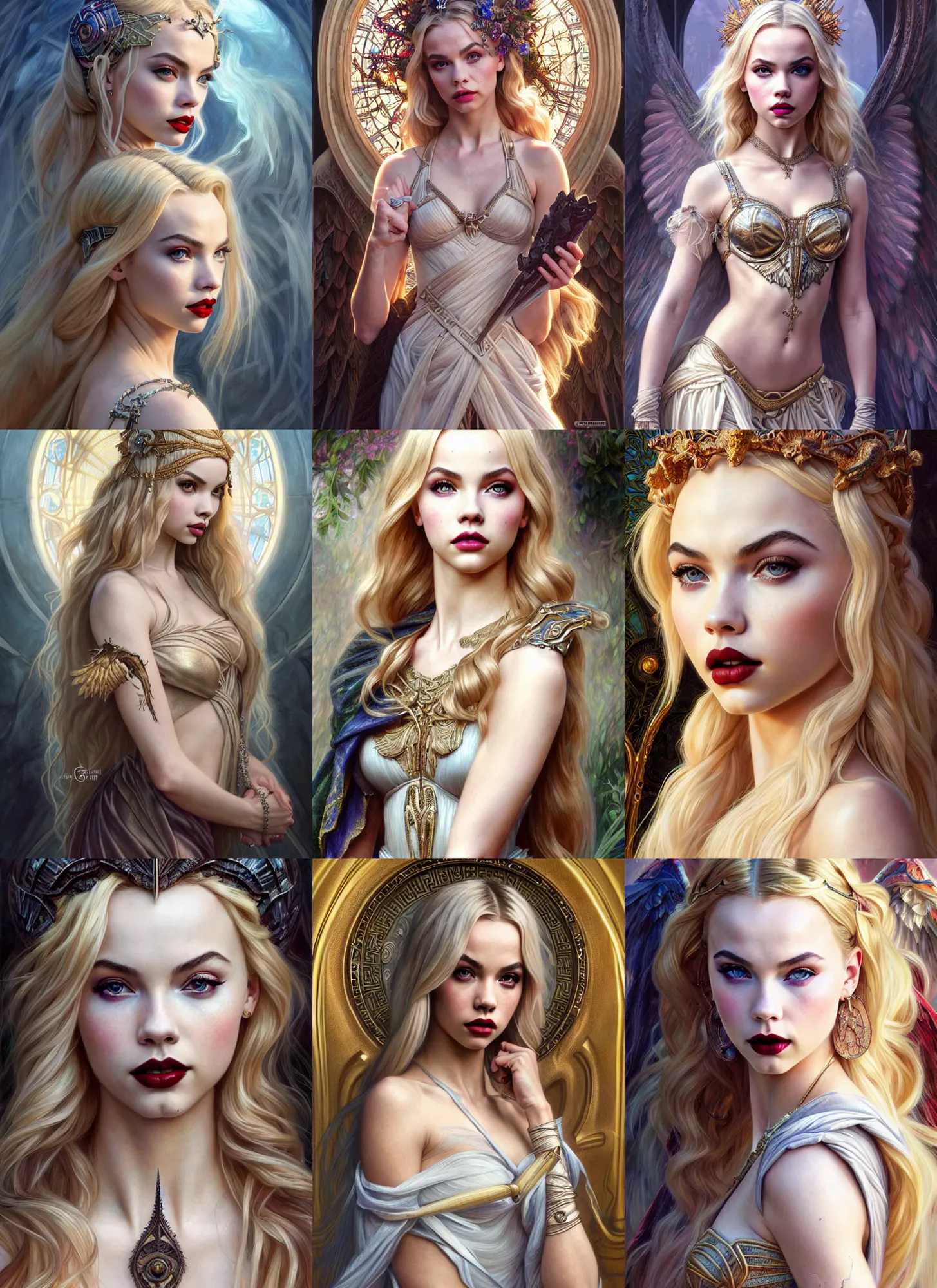 Image similar to ultra realistic illustration, a stunningly beautiful greek gothic goddess of chaos played by jordyn jones and dove cameron and margot robbie and taylor swift and megan fox, intricate, elegant, highly detailed, digital painting, artstation, concept art, smooth, sharp focus, illustration, art by artgerm and greg rutkowski and alphonse mucha