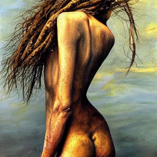 Image similar to high quality high detail painting by lucian freud and beksinski, hd, girl swimming