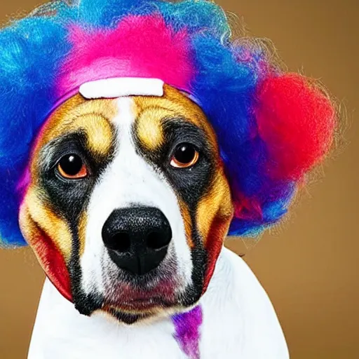 Image similar to photo of a clown with the face of a dog