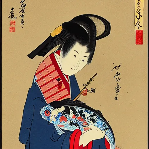 Image similar to painting of a 1 9 th century japanese woman holding a koi fish, colorful, ukiyo - e painting