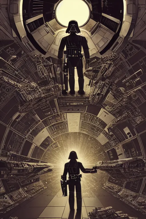 Image similar to platonic ideal of han solo, nazgul mandelbulb, deathstar, millenium falcon, detailed, stormtroopers, darth vader, action pose, intricate, volumetric lighting, moebius, geof darrow, dan mumford, alphonse mucha, poster,